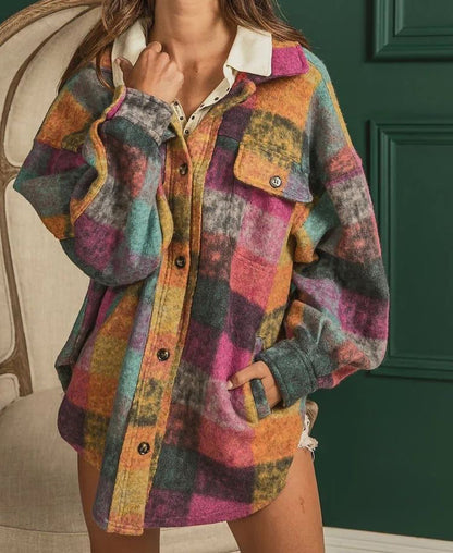 Autumn Winter Single Breasted Collared Fleece Jacket Plaid Cardigan Shirt Women - Wanita Store
