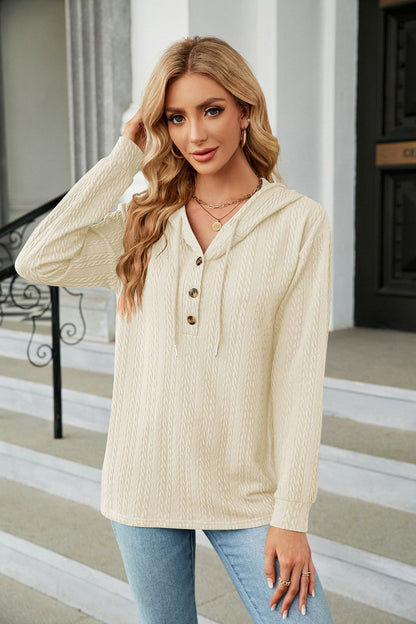Autumn Winter Solid Color Hooded Button Loose Long Sleeve Sweatershirt Women Clothing - Wanita Store