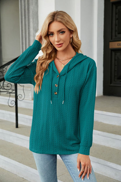 Autumn Winter Solid Color Hooded Button Loose Long Sleeve Sweatershirt Women Clothing - Wanita Store