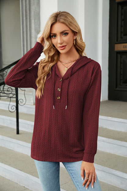 Autumn Winter Solid Color Hooded Button Loose Long Sleeve Sweatershirt Women Clothing - Wanita Store