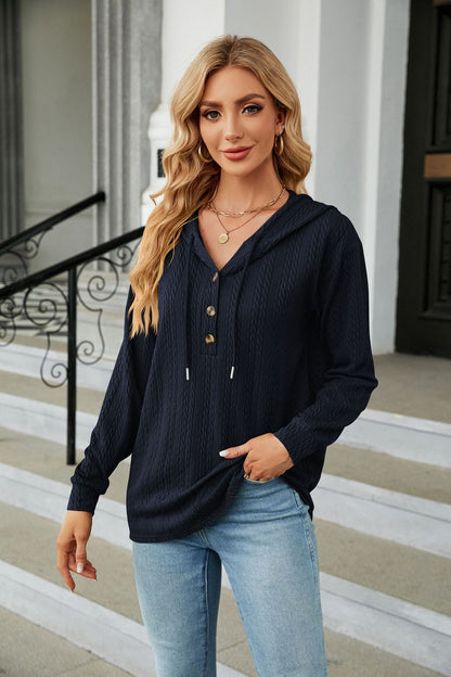 Autumn Winter Solid Color Hooded Button Loose Long Sleeve Sweatershirt Women Clothing - Wanita Store
