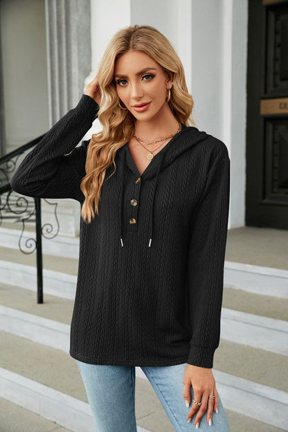 Autumn Winter Solid Color Hooded Button Loose Long Sleeve Sweatershirt Women Clothing - Wanita Store