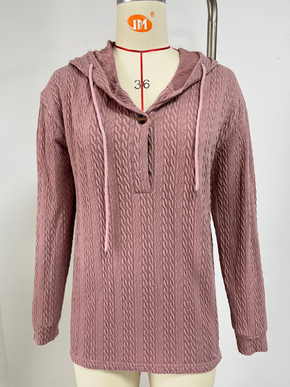 Autumn Winter Solid Color Hooded Button Loose Long Sleeve Sweatershirt Women Clothing - Wanita Store