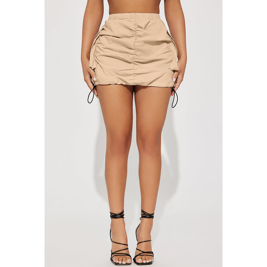 Women Clothing Solid Color Pleating Rubber Band Spring Fastener Sports Organ Pocket Skirt