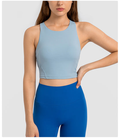 Spring Summer Pull High round Tie Chest Pad Yoga Vest Nude Feel Tight High Elastic Sports Fitness Top Women - Wanita Store