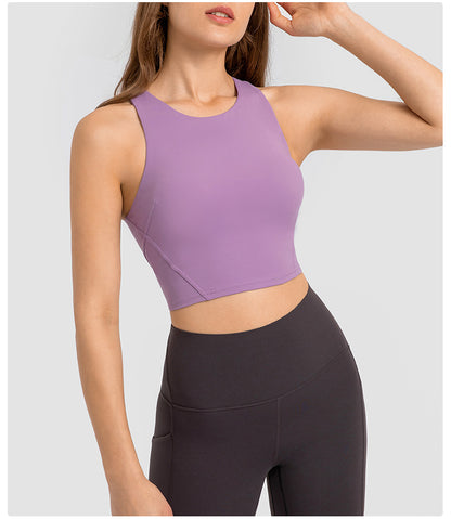 Spring Summer Pull High round Tie Chest Pad Yoga Vest Nude Feel Tight High Elastic Sports Fitness Top Women - Wanita Store