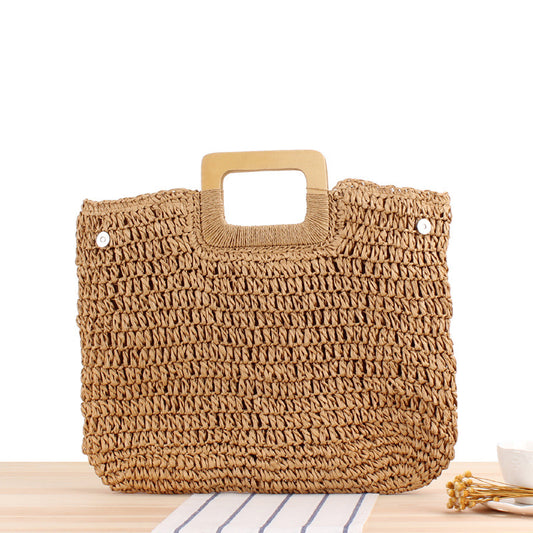 Retro Hand-Woven Bag Large Capacity Portable Hollow Out Cutout Straw Bag Seaside Vacation Beach Bag