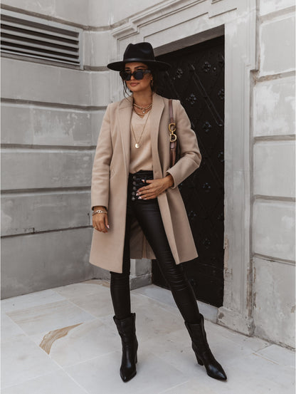 Autumn Winter Solid Color Collared Mid Length Button Woolen Coat Outerwear Women - Wanita Store