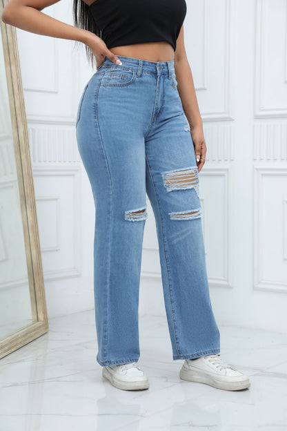 Jeans Water Washed Hole Wide Leg Jeans Women - Wanita Store