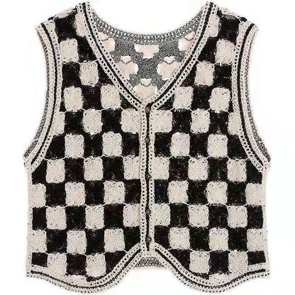 Autumn Fashionable Cardigan Chessboard Plaid V neck Knitted Thin Vest Vest Coat Women - Wanita Store