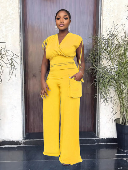 Drawstring Sleeveless Vest High Waist Women Baggy Straight Trousers Two Piece Suit - Wanita Store