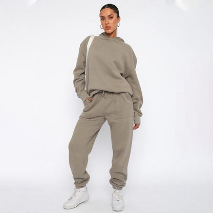 Autumn Winter Solid Color Hooded Long Sleeve Sweater Women Clothing Casual Trousers Suit - Wanita Store