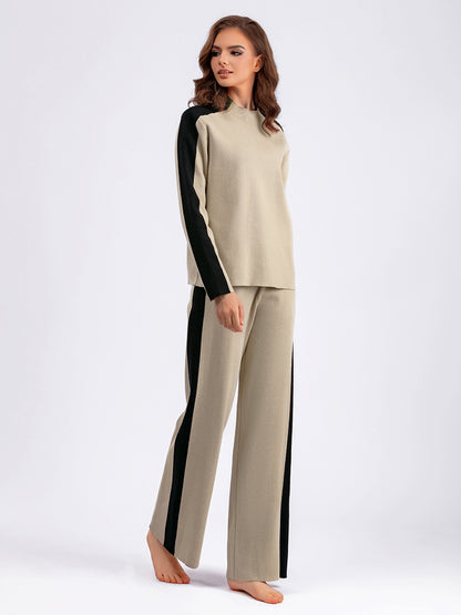 Neck Sweater Suit Autumn Winter Women Color Contrast Patchwork Cropped Pants Two Piece Suit - Wanita Store