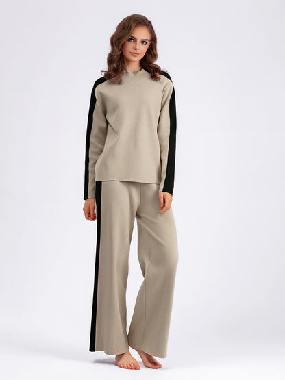 Neck Sweater Suit Autumn Winter Women Color Contrast Patchwork Cropped Pants Two Piece Suit - Wanita Store