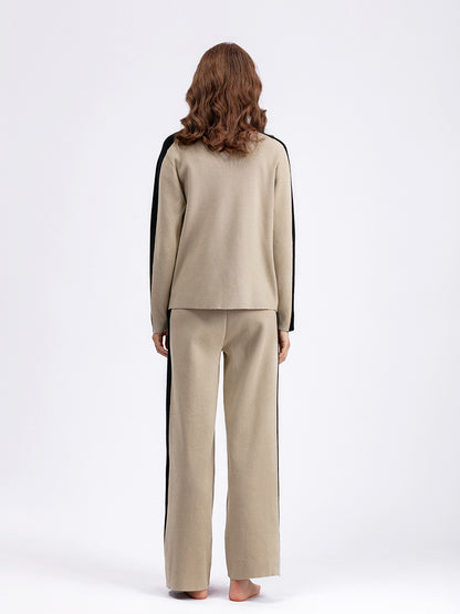 Neck Sweater Suit Autumn Winter Women Color Contrast Patchwork Cropped Pants Two Piece Suit - Wanita Store
