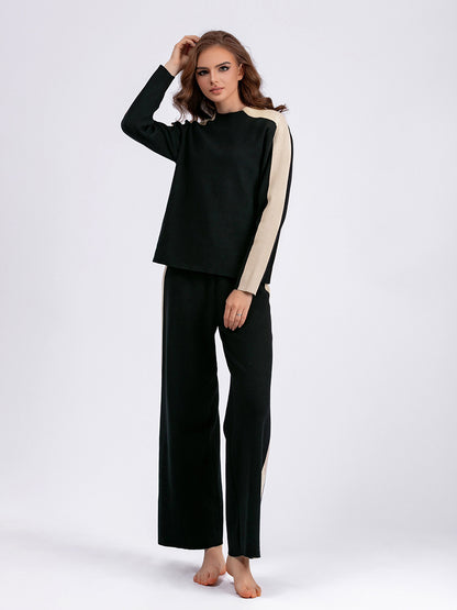 Neck Sweater Suit Autumn Winter Women Color Contrast Patchwork Cropped Pants Two Piece Suit - Wanita Store