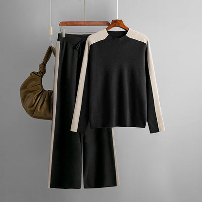 Neck Sweater Suit Autumn Winter Women Color Contrast Patchwork Cropped Pants Two Piece Suit - Wanita Store