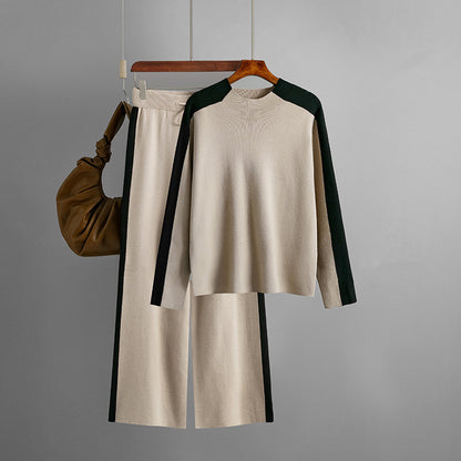 Neck Sweater Suit Autumn Winter Women Color Contrast Patchwork Cropped Pants Two Piece Suit - Wanita Store