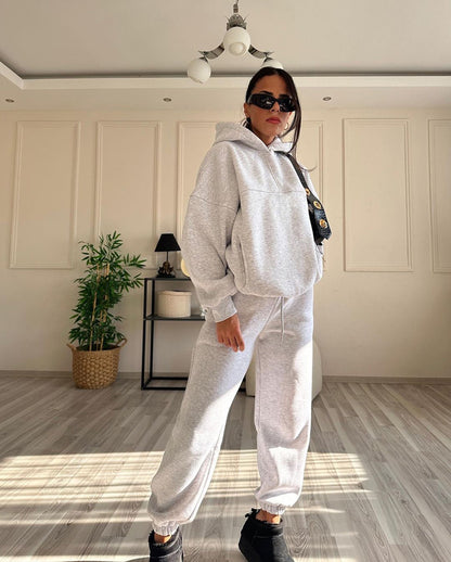 Autumn Winter Solid Color Hooded Sweaters Women Clothing Two Piece Set Casual Trousers Suit - Wanita Store