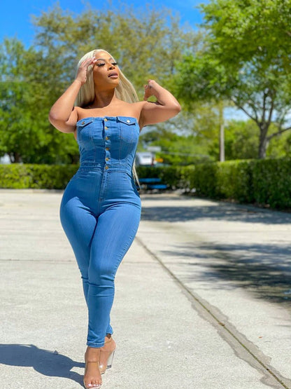 Casual Tube Top Women Clothing Slim Fit Denim Jumpsuit - Wanita Store