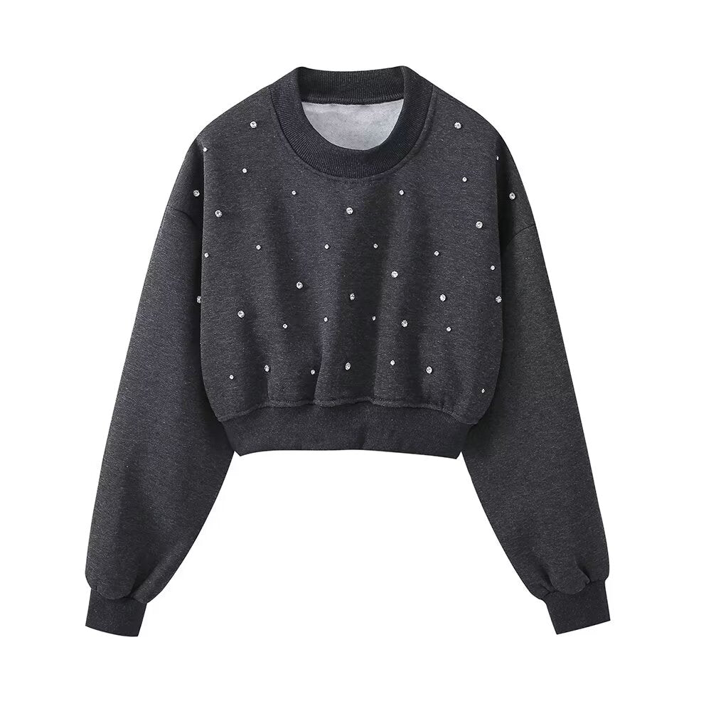 Autumn Women Clothing Sense Jewelry Inlaid Washed Short Sweatshirt - Wanita Store