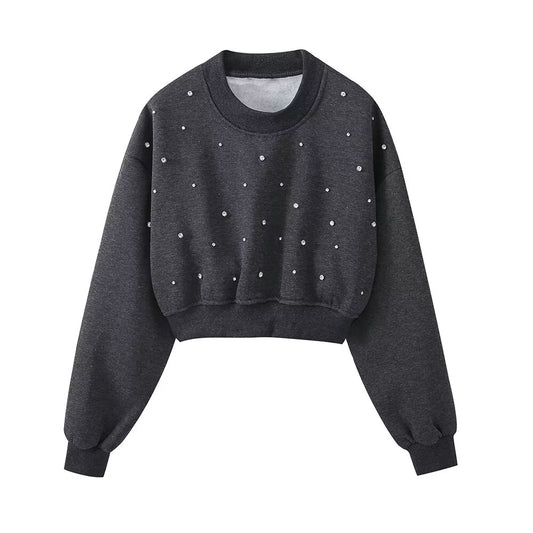 Autumn Women Clothing Sense Jewelry Inlaid Washed Short Sweatshirt - Wanita Store
