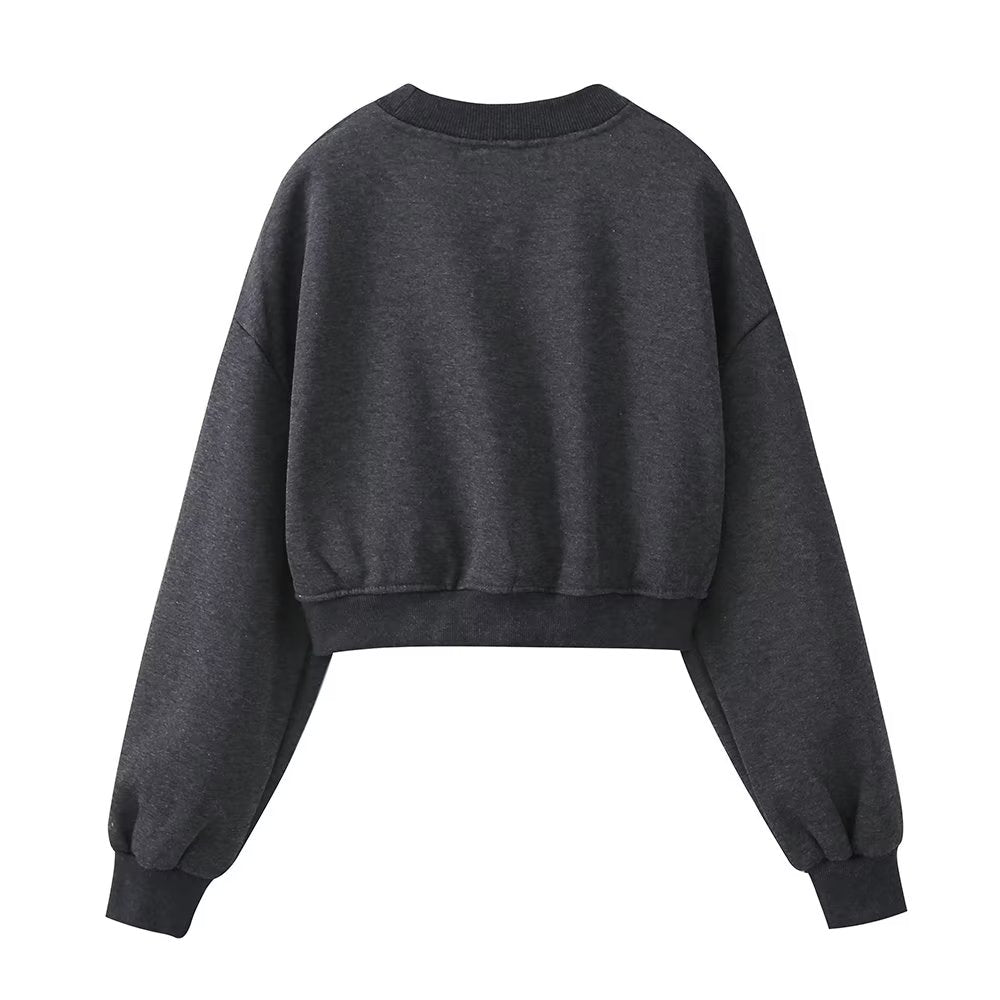 Autumn Women Clothing Sense Jewelry Inlaid Washed Short Sweatshirt - Wanita Store