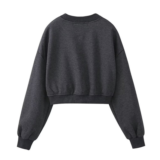 Autumn Women Clothing Sense Jewelry Inlaid Washed Short Sweatshirt - Wanita Store