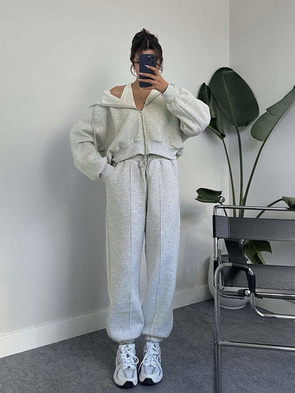 Autumn Winter Solid Color Hooded Cardigan Sweaters Women Clothing Two Piece Casual Sweatpants Set - Wanita Store