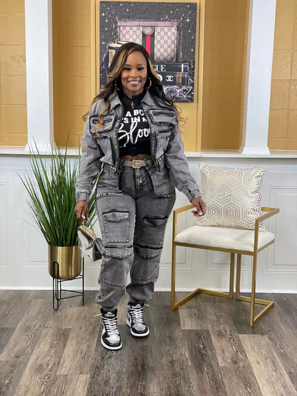 Women Sexy Highly Stretch Multi Pocket Washed Denim Casual Suit Two Piece Set - Wanita Store