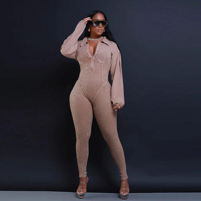 Women Clothing V Neck Gigot Sleeve Tight Stitching Jumpsuit Autumn Winter - Wanita Store