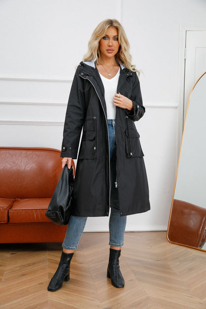 Spring Autumn Long Casual Trench Coat Women Waterproof Hooded Solid Color Top Striped Lining Straight Coat - Wanita Store