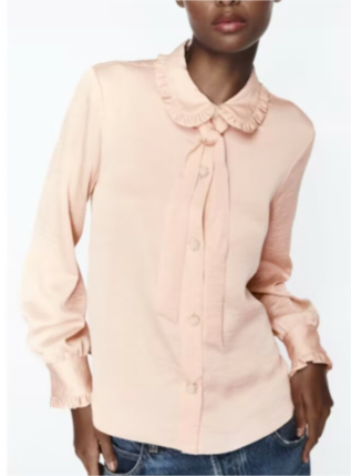 Autumn Casual Women Ruffles Collared Long Sleeve Jewelry Fastener Decoration Solid Color Blouse Top - Wanita Store