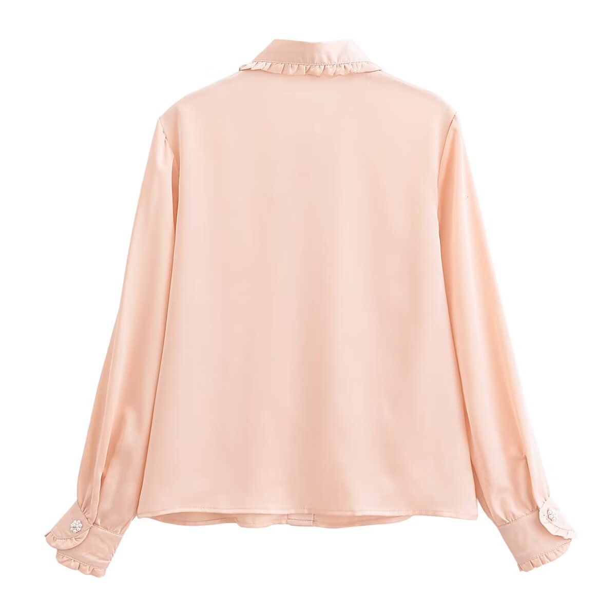 Autumn Casual Women Ruffles Collared Long Sleeve Jewelry Fastener Decoration Solid Color Blouse Top - Wanita Store