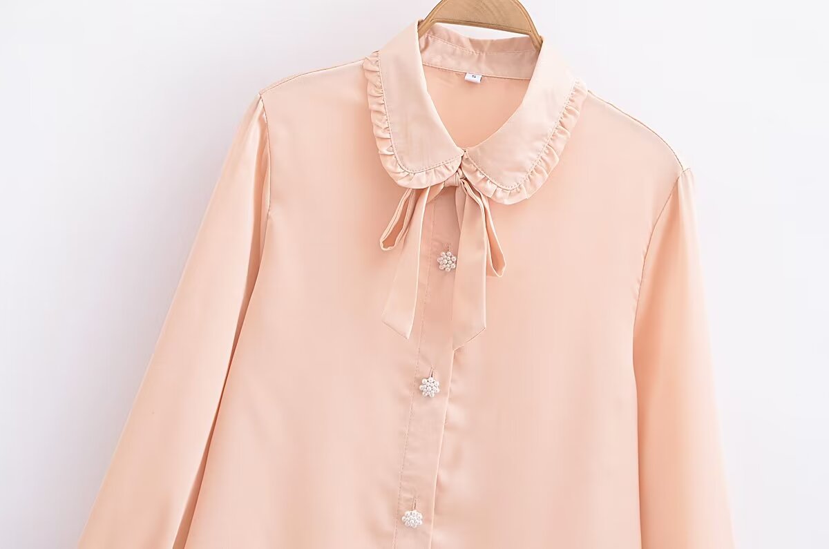 Autumn Casual Women Ruffles Collared Long Sleeve Jewelry Fastener Decoration Solid Color Blouse Top - Wanita Store