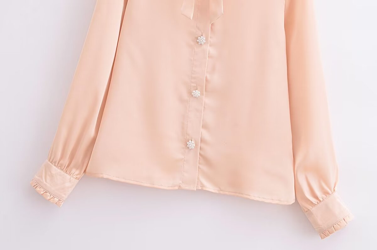 Autumn Casual Women Ruffles Collared Long Sleeve Jewelry Fastener Decoration Solid Color Blouse Top - Wanita Store
