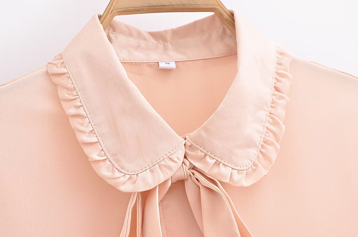 Autumn Casual Women Ruffles Collared Long Sleeve Jewelry Fastener Decoration Solid Color Blouse Top - Wanita Store