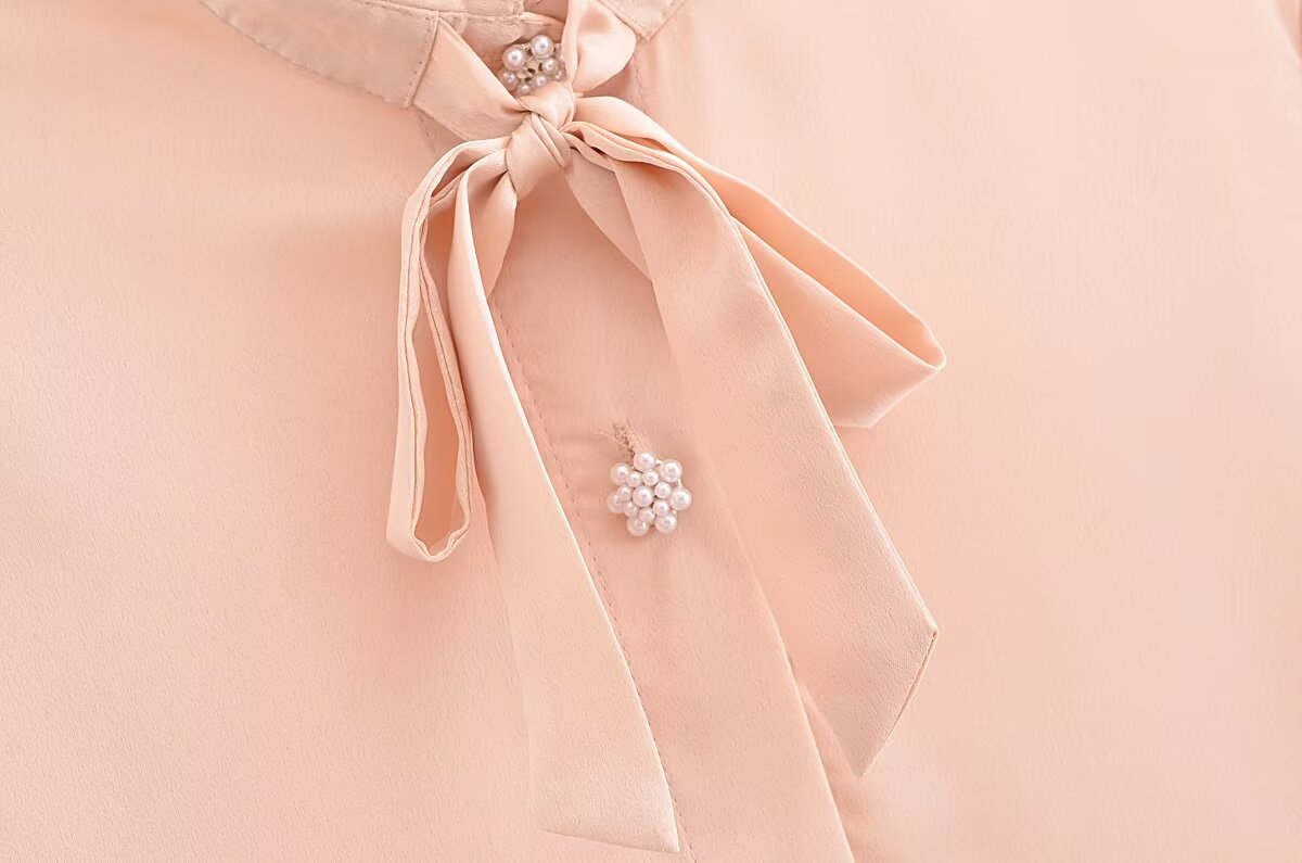 Autumn Casual Women Ruffles Collared Long Sleeve Jewelry Fastener Decoration Solid Color Blouse Top - Wanita Store