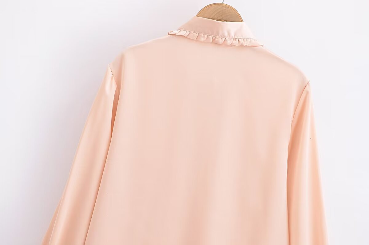 Autumn Casual Women Ruffles Collared Long Sleeve Jewelry Fastener Decoration Solid Color Blouse Top - Wanita Store