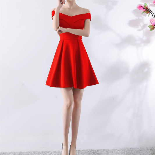 Toast Dress Bride Spring Wedding Summer Red Short off Shoulder Wedding Dress