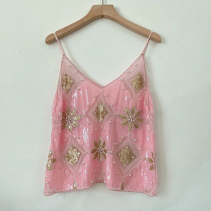 【MOQ-5 packs】 Niche Summer Women Heavy Embroidery Sequ Beaded Sling Basic Sexy Slimming Short V neck Vest Western Sexy - Wanita Store