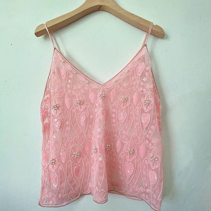 【MOQ-5 packs】 Niche Summer Women Heavy Embroidery Sequ Beaded Sling Basic Sexy Slimming Short V neck Vest Western Sexy - Wanita Store