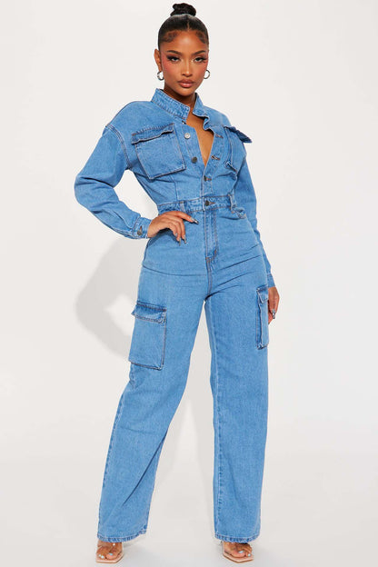 Stretch Bellows Pocket Wash Denim Jumpsuit Jumpsuit Bell Bottom Pants Overalls - Wanita Store