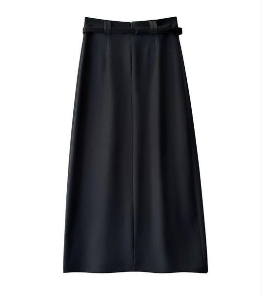 Korean Office High Waist Slimming Slit Pleated Skirt Women Spring Summer High Grade Belt Skirt