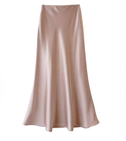 High Waist Slimming Mid Length Satin Acetate Silky Skirt Spring Summer Sheath Fishtail A Line Long Skirt - Wanita Store