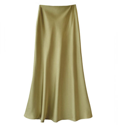 High Waist Slimming Mid Length Satin Acetate Silky Skirt Spring Summer Sheath Fishtail A Line Long Skirt - Wanita Store