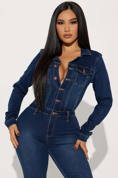 Women Slim Stretch Trumpet Wash Long Sleeve Denim Jumpsuit Jumpsuit - Wanita Store
