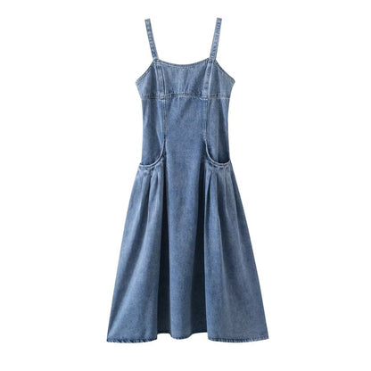 Women Clothing French Casual Pleated Washed Denim Dress Chic - Wanita Store
