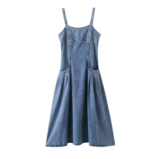 Women Clothing French Casual Pleated Washed Denim Dress Chic