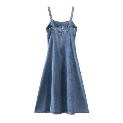 Women Clothing French Casual Pleated Washed Denim Dress Chic - Wanita Store